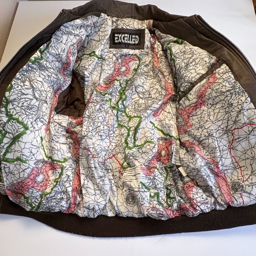 Vintage 80s Excelled Leather Bomber Jacket Patched Top Gun Flight A-2 Map Lining - Picture 5 of 12